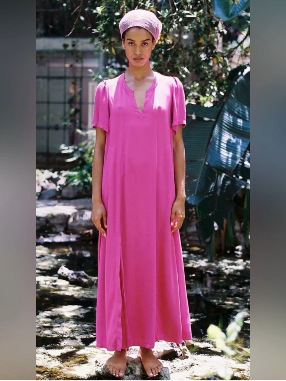 Raquel Allegra Size 2 Medium Fuchsia Pink Viscose Puff Sleeve Midi Dress